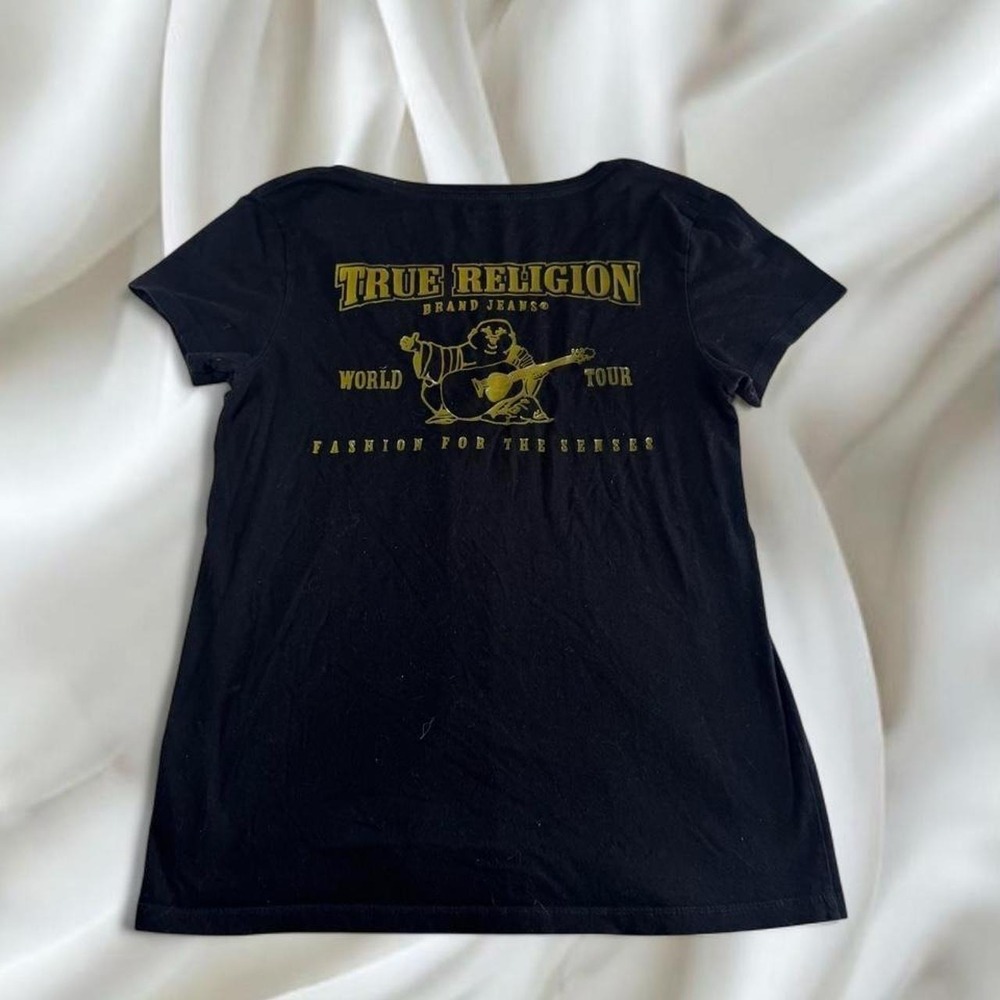 True Religion black gold v-neck graphic top Y2K vintage mcbling